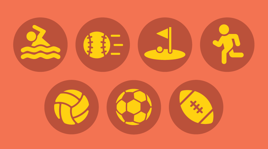秋季运动的图形包括一个人跑越野, 高尔夫球场, 慢速投球的垒球, 一个游泳运动员, 一个足球, 足球, 还有一个排球